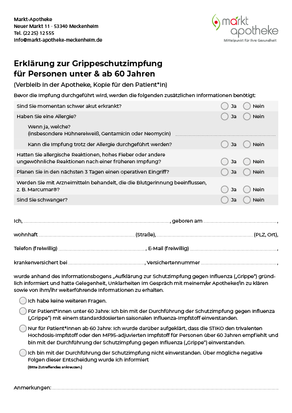 Erklärung zur Grippeschutzimpfung